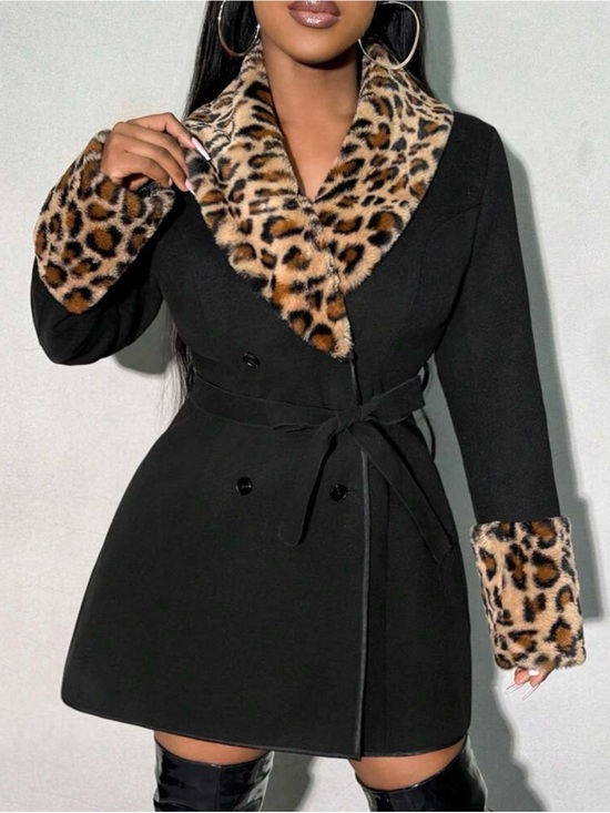 Jackets & Blazers - Black Women's Trench Coat with Leopard Faux-Fur Trim